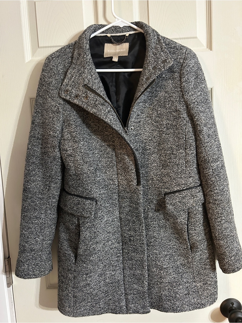 Banana Republic Gray Tweed Asymmetric Zip Wool Blend Jacket - Faux Leather Trim